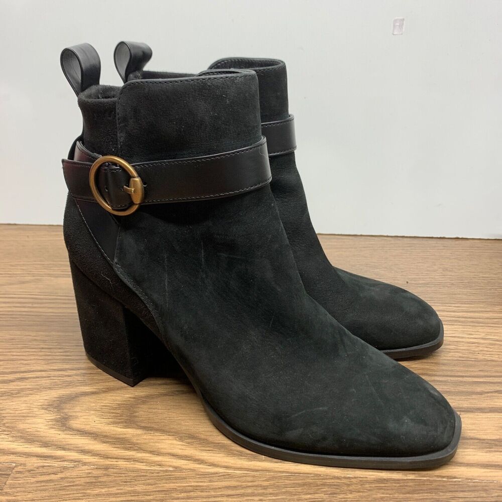 Vionic Sz 7 Tenley Black Suede Leather Ankle Boot Water Repellent Comfort Buckle